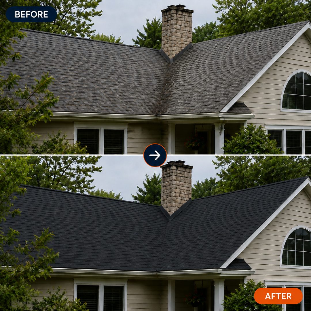 Before: a weathered, aging roof. After: a brand-new roof.